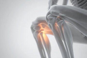 The visual shows a close-up view of a human knee joint, illuminating the ligaments and cartilage in the area, emphasizing its anatomical intricacies for educational contexts