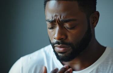 Obraz premium Close-up portrait of a thoughtful African American man looking directly at the camera in a serene setting