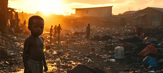 Fototapeta premium Young child in worn clothes stands among trash with golden sunset illuminating a slum in the background, highlighting socio-economic challenges