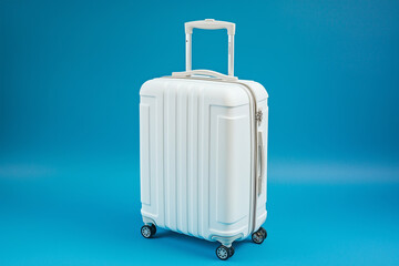 A vibrant color suitcase with bold wheels on a warm coral background, ideal for eco-friendly travel  
