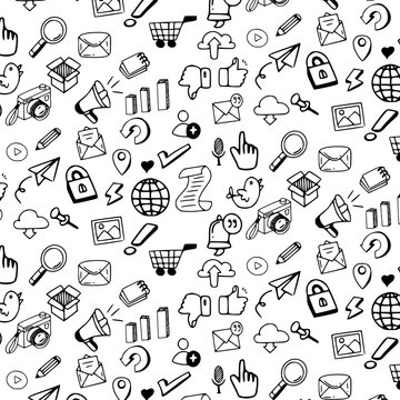 social media hand drawn doodle seamless pattern background
