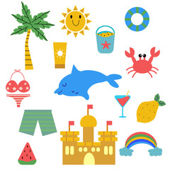 summer cute element illustration fish bikini crab sun watermelon lemon