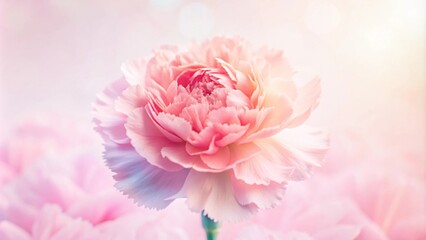 Fototapeta premium Pink carnation flowers bouquet soft filter. Pink carnations on a pink background. Banner with flowers in pastel colors. Soft filter on a bouquet of pink carnation flowers. Pink carnation flower bouque