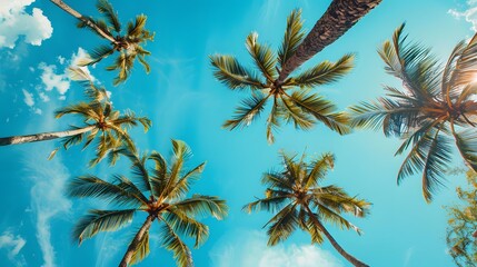 Palm trees with blue sky and white clouds in a sunny day, looking up from below.