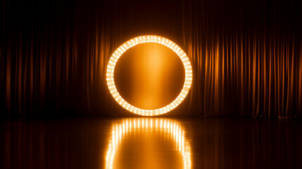 Glowing circular light ring on stage with curtain backdrop. Empty copy space for dance with vintage burlesque design