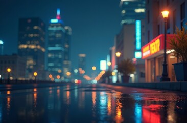 Obraz premium A blurred background with silhouettes of skyscrapers, streetlights, wet roads and small buildings. Evening time, urban landscape.