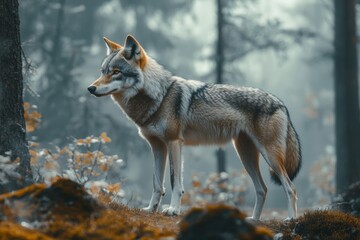 Fototapeta premium A lone wolf stands in a misty forest, its fur blending with the muted colors of the surrounding trees.