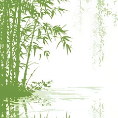 Naklejka premium Tranquil bamboo forest reflected in still water.