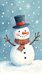 Whimsical Snowman on a New Year's Card, Watercolor-Style Illustration, Snowman with Striped Scarf and Top Hat, Gentle Snowfall and Festive Stars with Copy Space