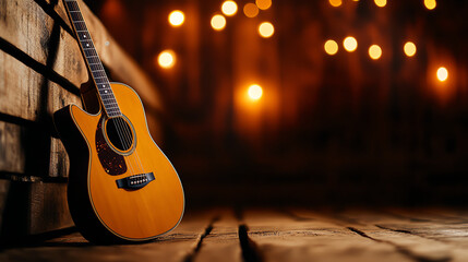 Acoustic guitar on wooden stage with lights