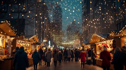 Obraz premium Festive Group of People Celebrating in Holiday Market