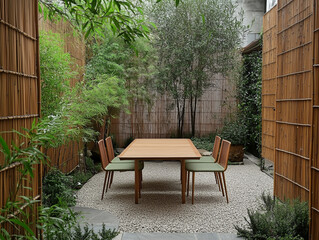 Obraz premium A rustic outdoor dining area backyard garden with a wooden bench paired with a natural oak table. A dwarf olive tree stands tall nearby 