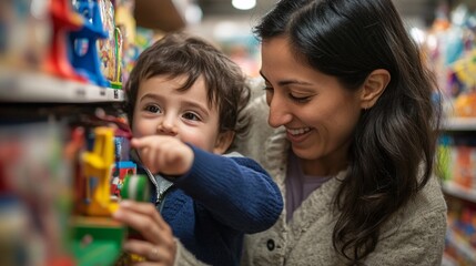 Obraz premium Mother Helping Child Choose a Toy in Store