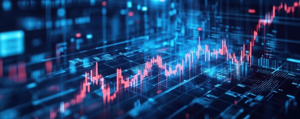 3D financial charts with ascending forex trends, businessmen using internetpowered virtual meeting platforms