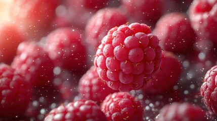 Fresh, juicy raspberries sparkle with water droplets in soft morning light