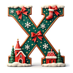 X Unique Font for Christmas, Holiday Alphabet Uppercase, Festive 3d Design, Isolated on White Background.