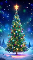 Obraz premium Sparkling Christmas Tree with Lights and Snow-Covered Branches on Dark Blue Background, Cozy and Magical New Year Card