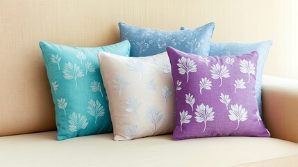 Colorful pillows on beige sofa