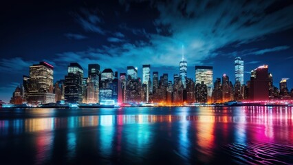 Obraz premium A vibrant night skyline reflecting on water, showcasing city lights and clouds.