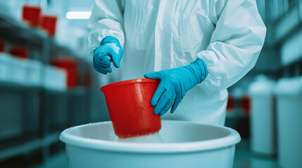 Laboratory worker in protective gear mixing substances in a red bucket, emphasizing safety and precision in a controlled environment.
