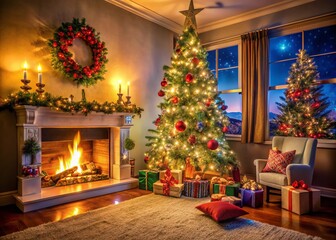 Obraz premium Christmas Tree by Cozy Fireplace - Warm Holiday Atmosphere for Home Decor and Celebrations