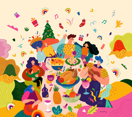 Happy New Year vector illustration. Happy people in a friendly company celebrate the New Year. Traditional holiday dinner in the family circle. Holiday New Year party. Christmas decorative banner 