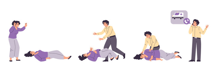 A collection of vector illustrations depicting a young girl during an epileptic seizure