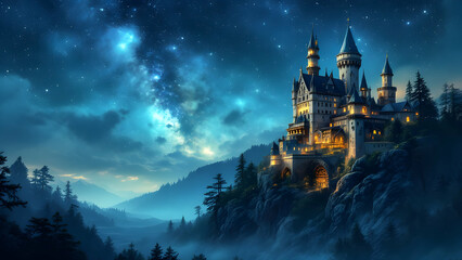 Enchanted Castle Under Starry Night Sky
