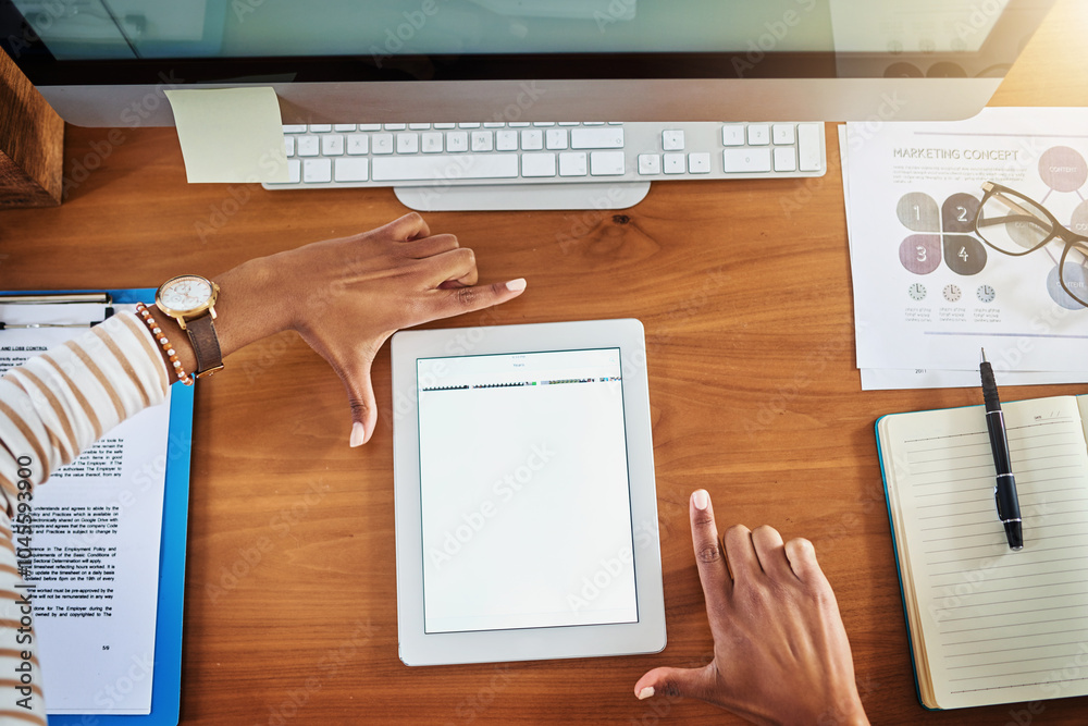 Aufkleber above, hands and tablet screen in mockup space for working as professional in digital agency. person