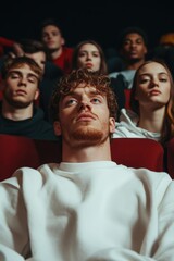 Obraz premium Group of young adults watching a film in a dark theater on a weekend evening