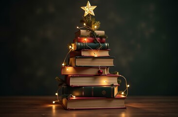 A festive arrangement of books shaped like a Christmas tree, adorned with lights and a star, set against a dark background