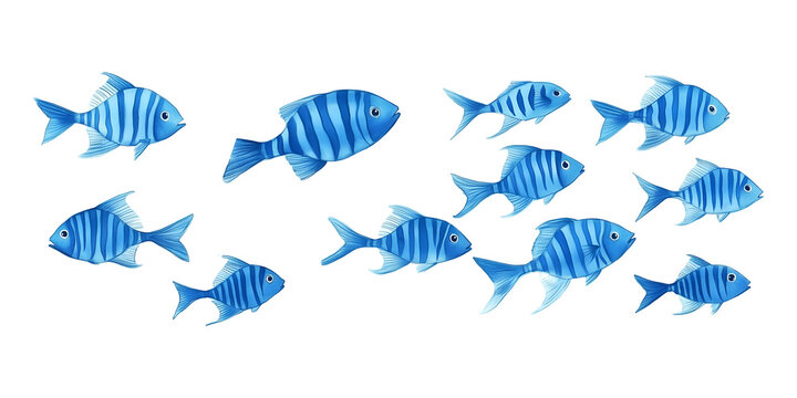 Collection set of blue fish isolated on transparent or white background, png