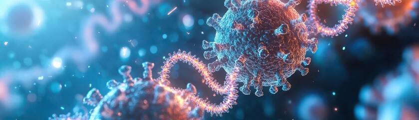 Hightech microscope view of viral particles, with dynamic digital overlays showing RNA sequence mutations, lab research on viruses