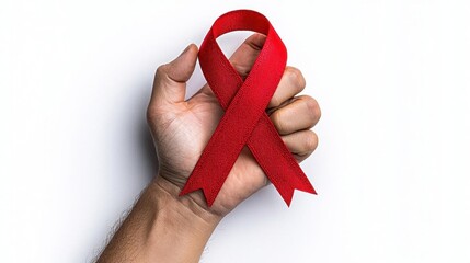 A photostock of a hand raising a red awareness ribbon, white background, healthcare theme