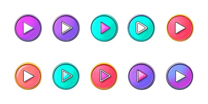 Collection set of colorful media control buttons isolated on transparent or white background, png