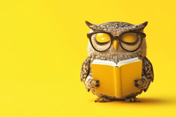 Fototapeta premium A clever owl stands upright, holding a bright yellow book and sporting glasses, surrounded by a vivid yellow backdrop that enhances its comical expression
