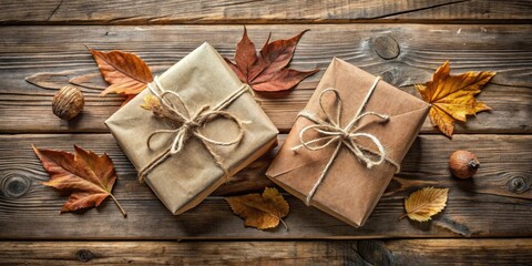 Two rustic brown paper wrapped gifts tied with twine surrounded by dried leaves and nuts on a wooden surface