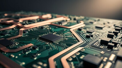 Green circuit board close-up with intricate pathways and microchips, illustrating computer hardware, electronics, and the intricacies of digital technology.