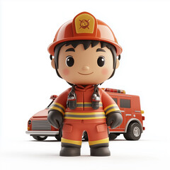 Fototapeta premium a 3D cartoon firefighter while spraying water with a hose in the fire. The firefighter wears a bright red helmet and full protective gear 