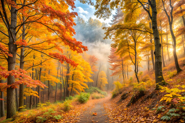 Fototapeta premium A Tranquil Autumn Trail Surrounded by Vibrant Orange and Yellow Foliage Under a Soft Morning Mist Invites Peaceful Wanderers to Explore Nature's Beauty