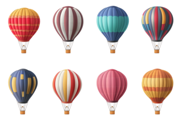 Collection set of colorful hot air balloons isolated on transparent or white background, png