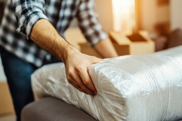 Fototapeta premium mover wrapping furniture with protective padding