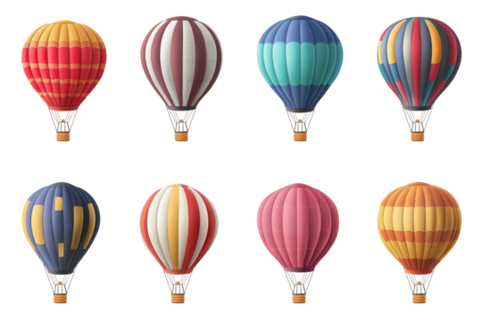 Collection set of colorful hot air balloons isolated on transparent or white background, png