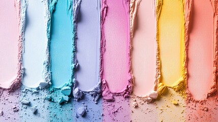 Vibrant smeared chalk pastels in rainbow hues create a colorful palette, showcasing texture and...