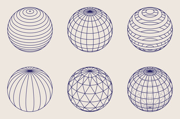 Wireframe spheres, globes. Line design, editable strokes. Set of balls with different graphic motifs. Vector illustration