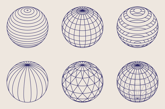 Wireframe spheres, globes. Line design, editable strokes. Set of balls with different graphic motifs. Vector illustration