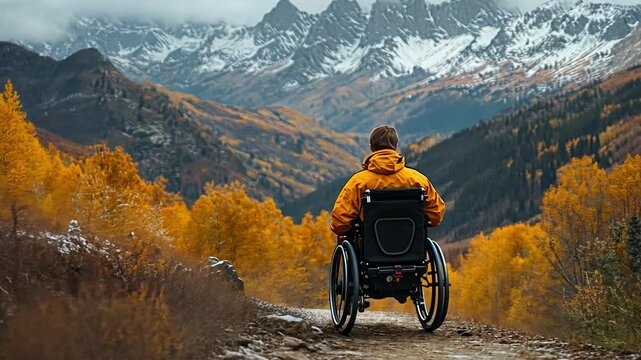 Scenic view of a person in a wheelchair enjoying autumn colors in the mountains