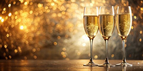A trio of champagne flutes filled with sparkling wine, set against a backdrop of shimmering golden bokeh lights.