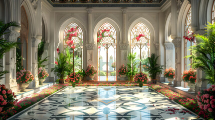 Luxury Palace Interior decorated with pink roses. Palace Interior background	
