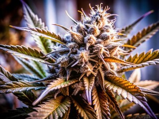 Obraz premium Close Up of Cannabis Plant in Vintage Style Photography for CBD and THC Cultivation with Buds and Leaves